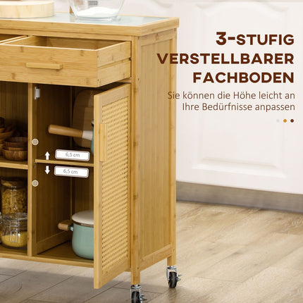 Bamboo kitchen trolley - drawer, cabinet, shelves, towel rack