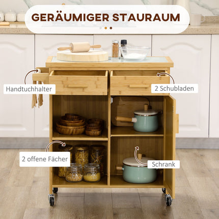 Bamboo kitchen trolley - drawer, cabinet, shelves, towel rack