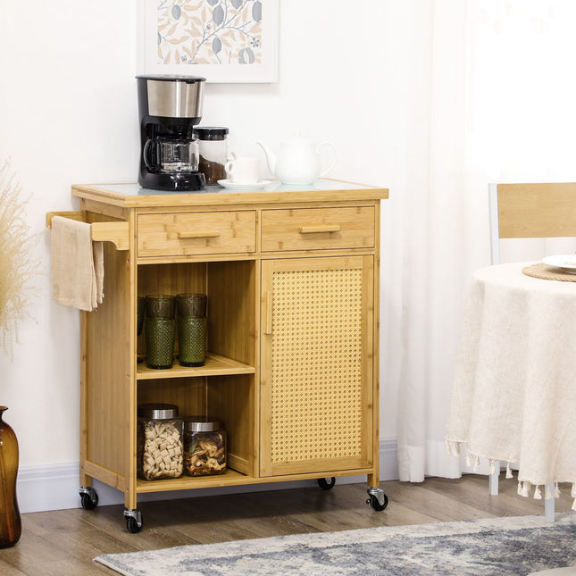 Bamboo kitchen trolley - drawer, cabinet, shelves, towel rack