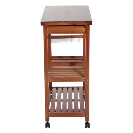 Wooden kitchen trolley with shelf, basket and wine rack