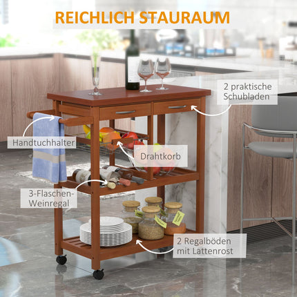 Wooden kitchen trolley with shelf, basket and wine rack