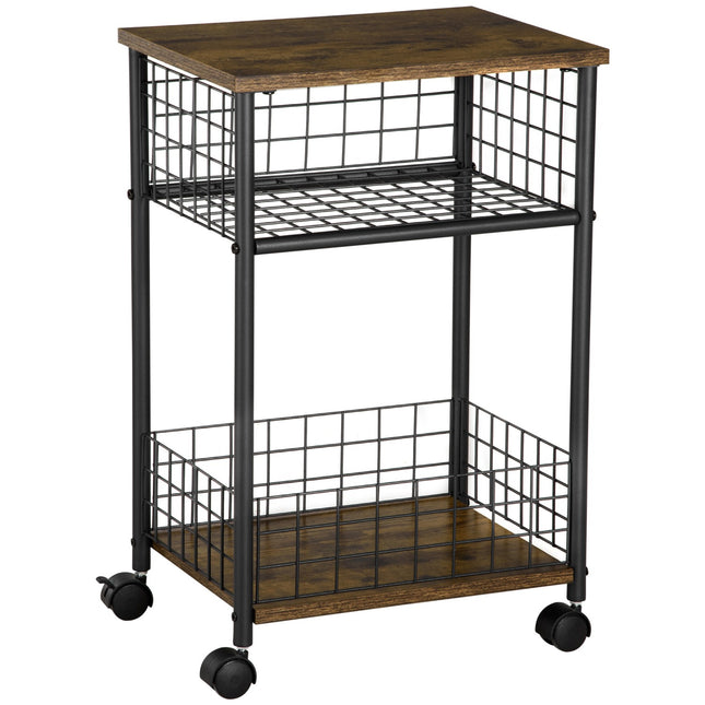 Rustic brown kitchen trolley, 2 storage baskets, swivel wheels
