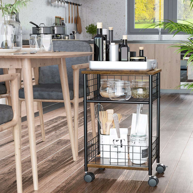 Rustic brown kitchen trolley, 2 storage baskets, swivel wheels