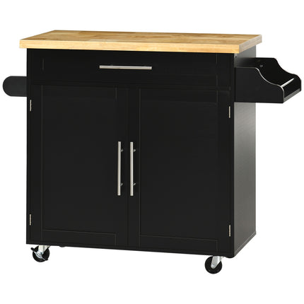 Black kitchen trolley with worktop, spice rack & towel holder