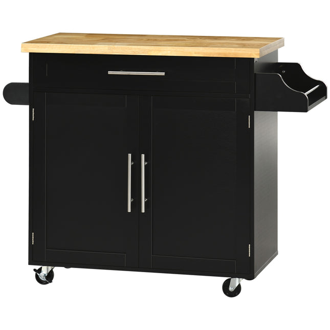 Black kitchen trolley with worktop, spice rack & towel holder