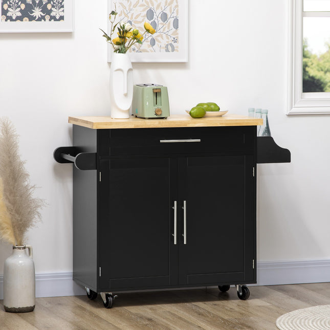 Black kitchen trolley with worktop, spice rack & towel holder