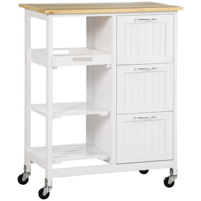 White kitchen trolley, 3-drawer 3-level storage with worktop