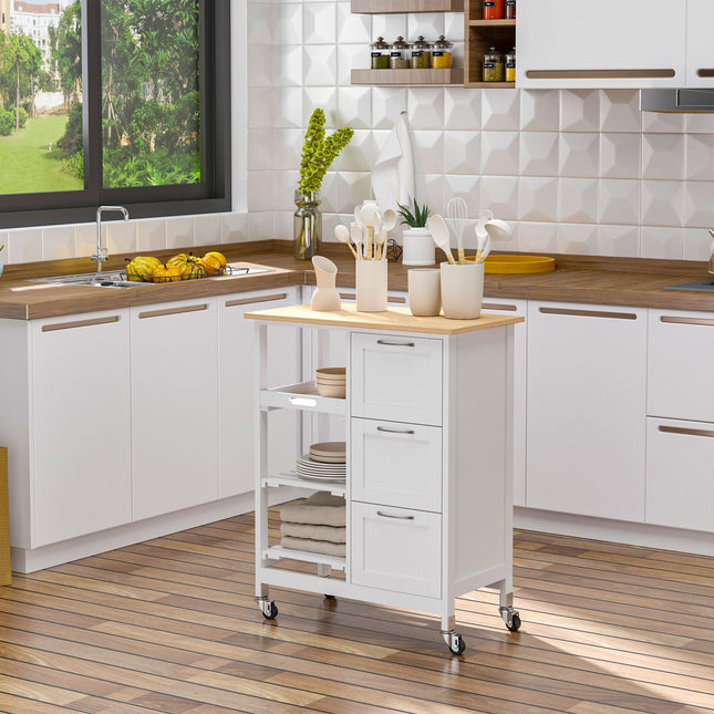 White kitchen trolley, 3-drawer 3-level storage with worktop