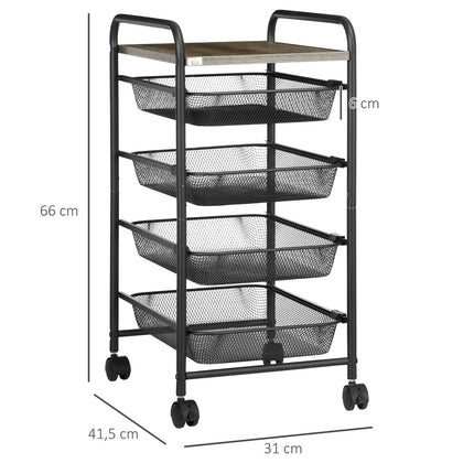 Steel kitchen trolley with wheels, 4 baskets - Black