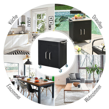 Kitchen trolley with wheels and cabinet, Black, 86x50x86.5 cm
