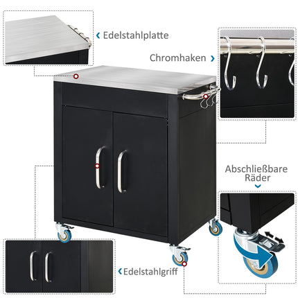 Kitchen trolley with wheels and cabinet, Black, 86x50x86.5 cm