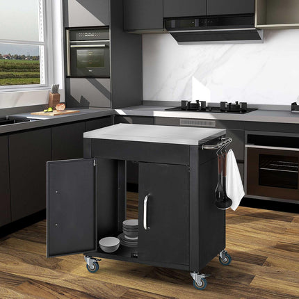 Kitchen trolley with wheels and cabinet, Black, 86x50x86.5 cm