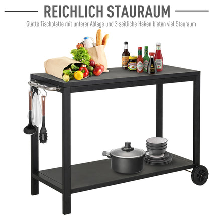 Black kitchen trolley with wheels and hooks, stainless steel