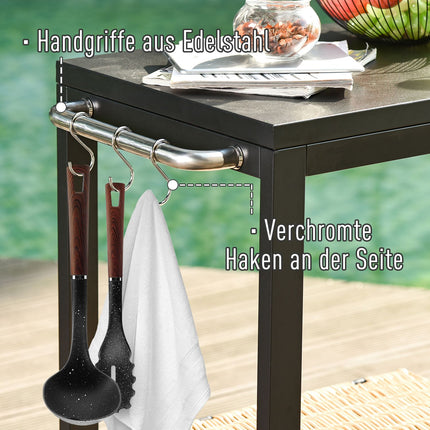 Black kitchen trolley with wheels and hooks, stainless steel