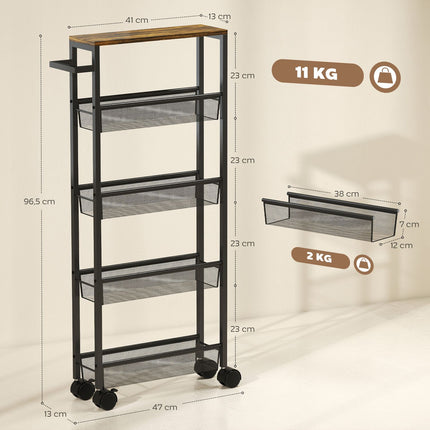 Kitchen Trolley with 5 Shelves, Rolling Cart, Black, 47x13x96.5 cm