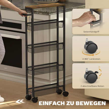 Kitchen Trolley with 5 Shelves, Rolling Cart, Black, 47x13x96.5 cm