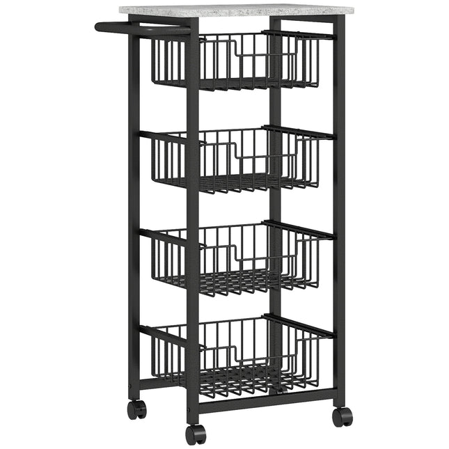 Kitchen Trolley with Wheels, 4 Steel Baskets, MDF Top