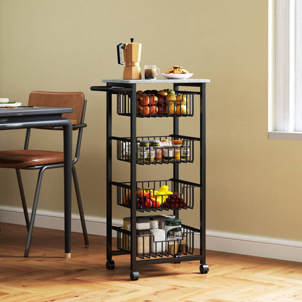 Kitchen Trolley with Wheels, 4 Steel Baskets, MDF Top