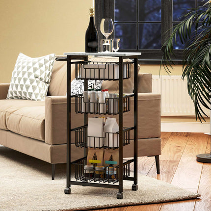 Kitchen Trolley with Wheels, 4 Steel Baskets, MDF Top