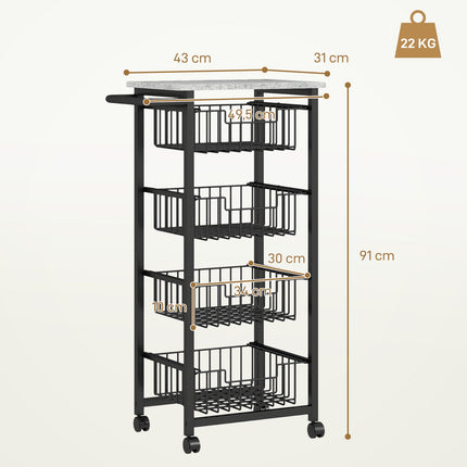 Kitchen Trolley with Wheels, 4 Steel Baskets, MDF Top