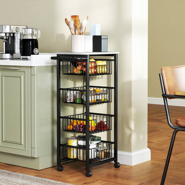 Kitchen Trolley with Wheels, 4 Steel Baskets, MDF Top