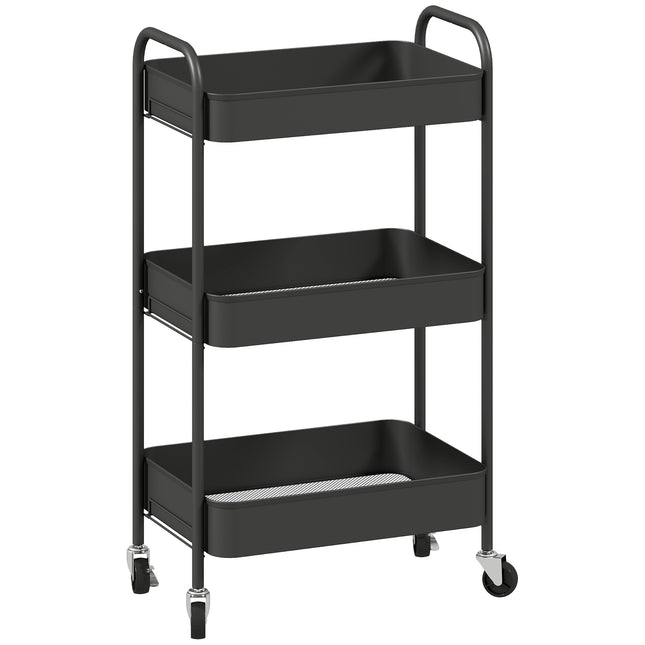 Kitchen Utility Cart, 3 Shelves, 4 Wheels, Black, 45x31x79 cm