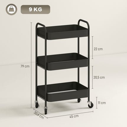 Kitchen Utility Cart, 3 Shelves, 4 Wheels, Black, 45x31x79 cm