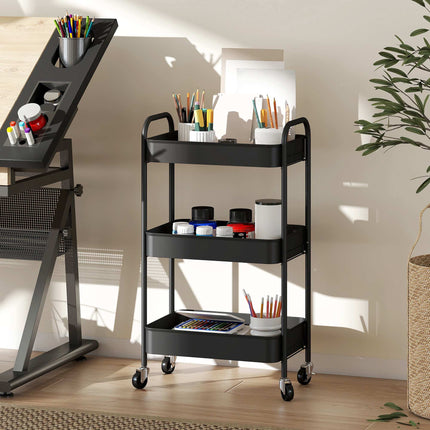 Kitchen Utility Cart, 3 Shelves, 4 Wheels, Black, 45x31x79 cm