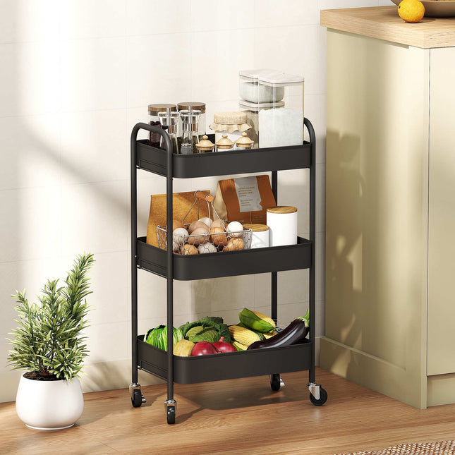 Kitchen Utility Cart, 3 Shelves, 4 Wheels, Black, 45x31x79 cm