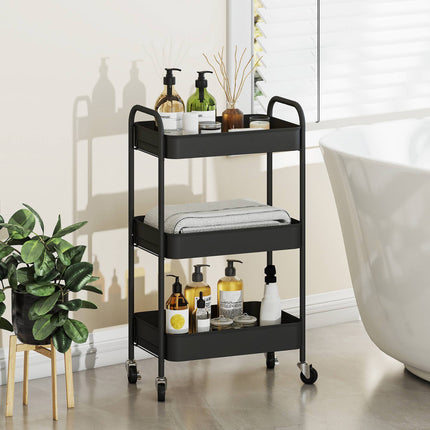 Kitchen Utility Cart, 3 Shelves, 4 Wheels, Black, 45x31x79 cm