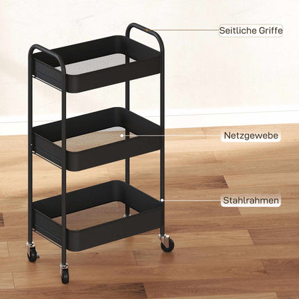 Kitchen Utility Cart, 3 Shelves, 4 Wheels, Black, 45x31x79 cm