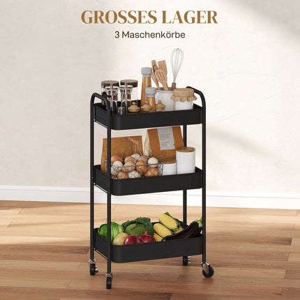 Kitchen Utility Cart, 3 Shelves, 4 Wheels, Black, 45x31x79 cm