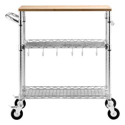 Kitchen Utility Cart, 3-Tier Rolling Wire Rack, Wood Top