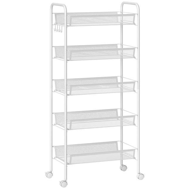 Kitchen Utility Cart, 5-Tier Steel, White, with Wheels