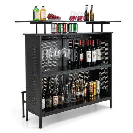 Kitchen bar table with 2 wine racks & 6 glass holders & adjustable feet 120 x 50 x 106.5 cm black
