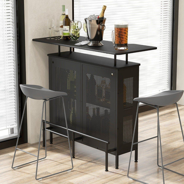 Kitchen bar table with 2 wine racks & 6 glass holders & adjustable feet 120 x 50 x 106.5 cm black