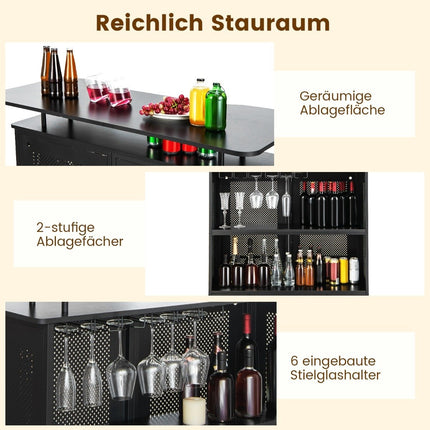 Kitchen bar table with 2 wine racks & 6 glass holders & adjustable feet 120 x 50 x 106.5 cm black