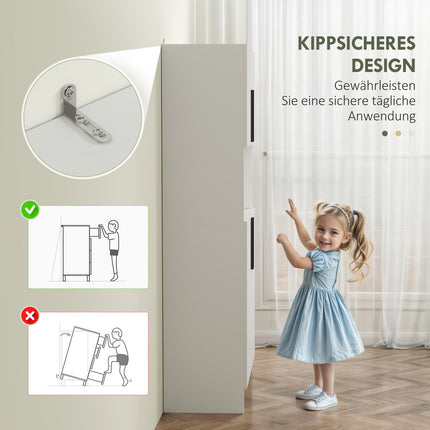 White kitchen tall cupboard, soft-closing doors, microwave shelf