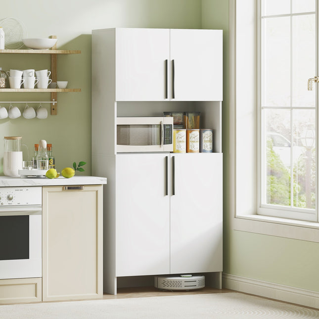 White kitchen tall cupboard, soft-closing doors, microwave shelf
