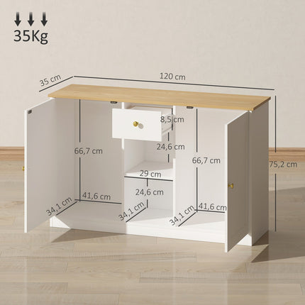 White Sideboard with Drawer and Shelves, 120cm