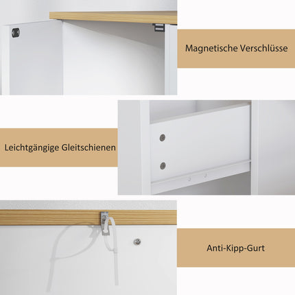White Sideboard with Drawer and Shelves, 120cm