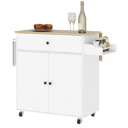 White Kitchen Island Trolley with wheels, spice rack & storage