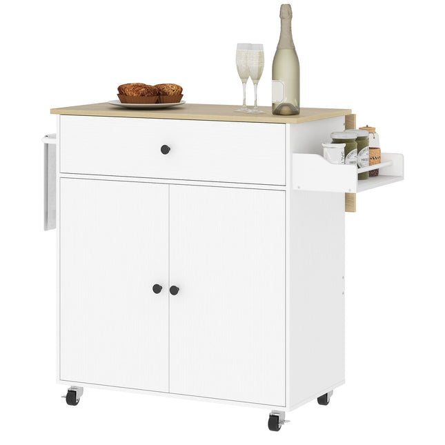 White Kitchen Island Trolley with wheels, spice rack & storage