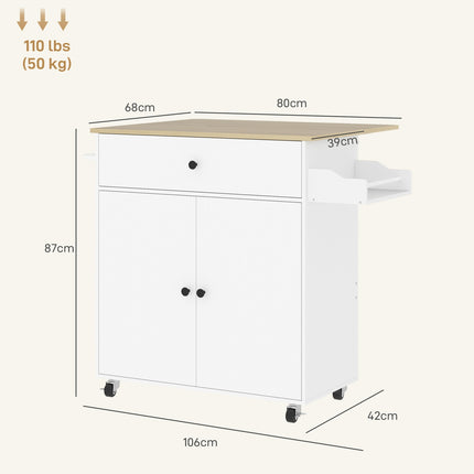 White Kitchen Island Trolley with wheels, spice rack & storage