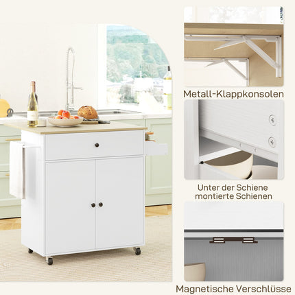White Kitchen Island Trolley with wheels, spice rack & storage