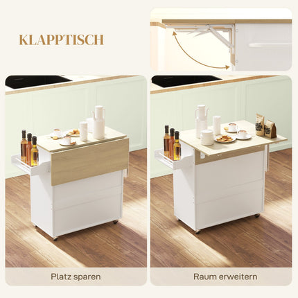 White Kitchen Island Trolley with wheels, spice rack & storage