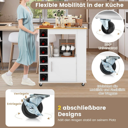 Kitchen island with storage space & towel holder bamboo plate wine rack white
