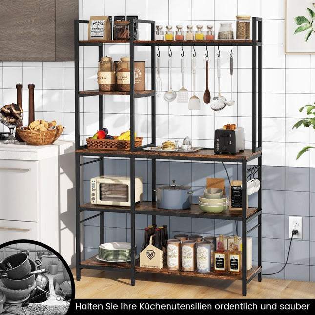 Kitchen shelf, standing shelf with sockets, 5 tiers, microwave shelf with shelves, 107 x 37 x 160 cm, rustic brown