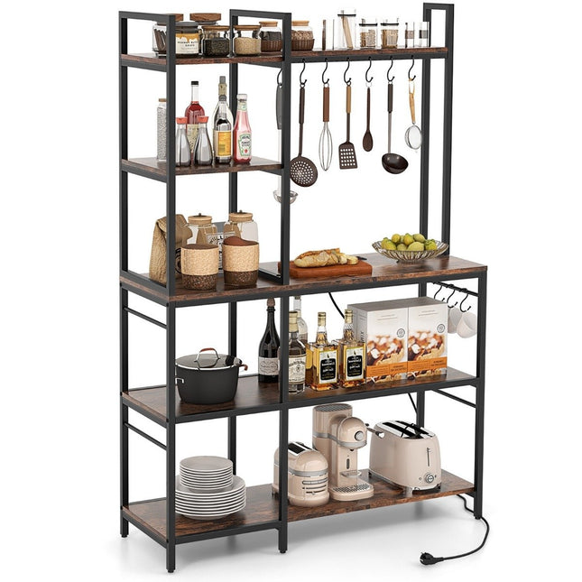 Kitchen shelf, standing shelf with sockets, 5 tiers, microwave shelf with shelves, 107 x 37 x 160 cm, rustic brown