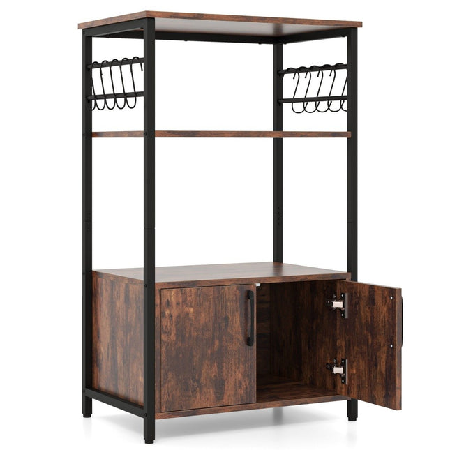 Kitchen shelf with cupboard 3-tier baker's shelf with 2 open shelves & 10 hooks 60 x 40 x 100 cm brown